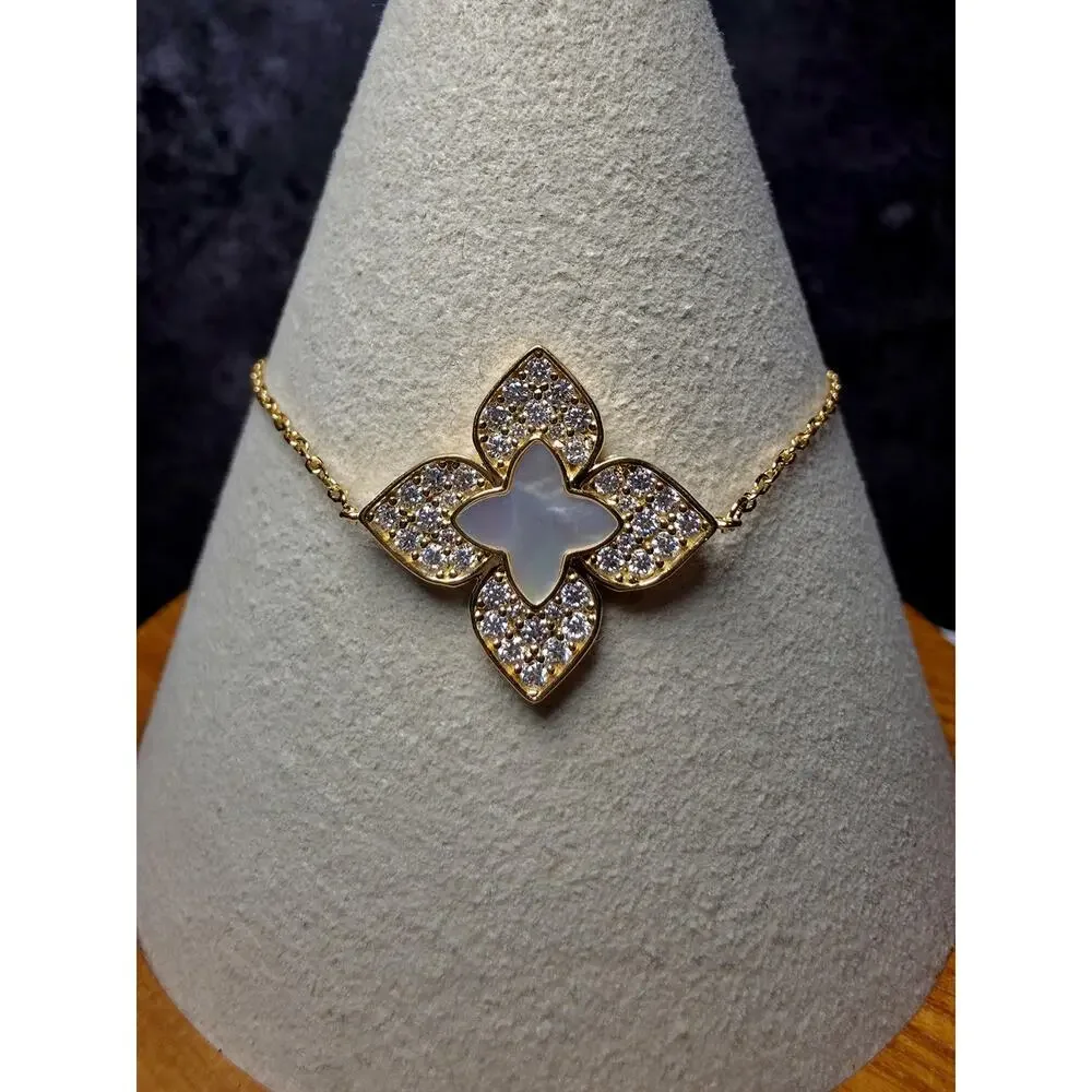 1.08 CTW Moissanite & Mother of Pearl Floral Bracelet in Gold Over Silver